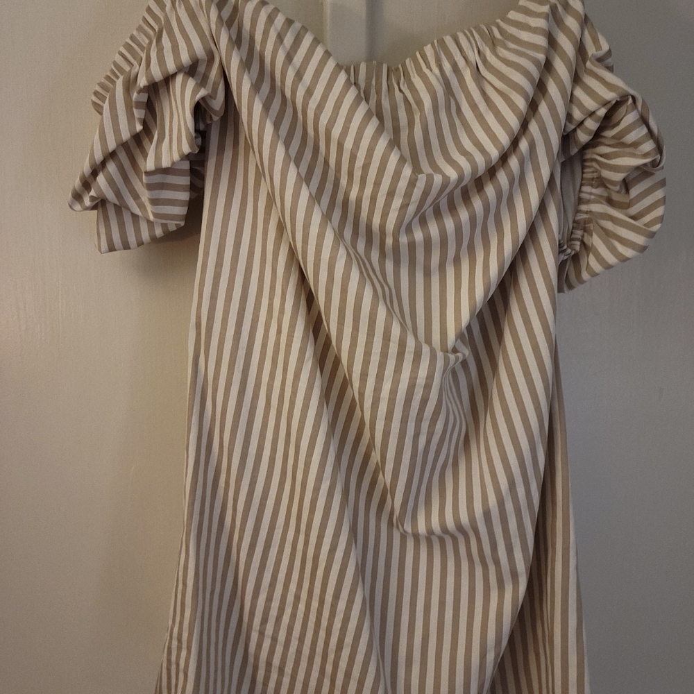 Caitlin Covington  x Pink Lily Off the Shoulder Tan & White Striped Dress - Picture 2 of 3